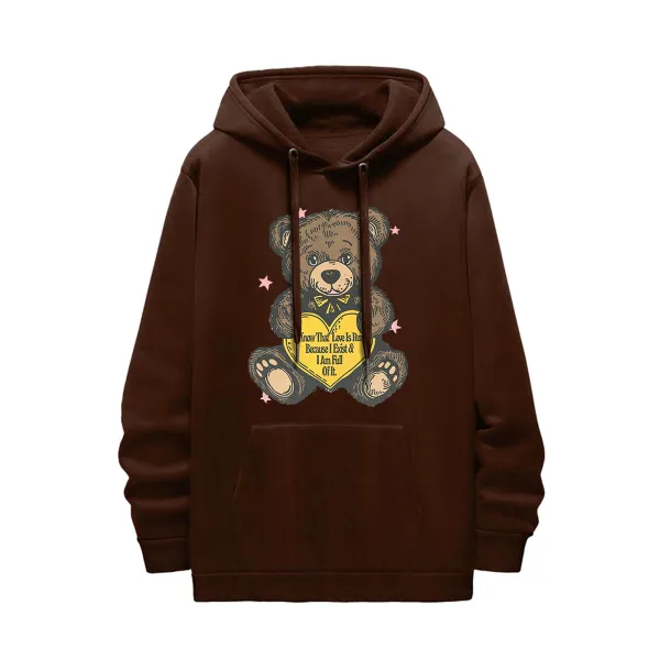 Teddy Bear Graphic Black Hoodie with Heart Element