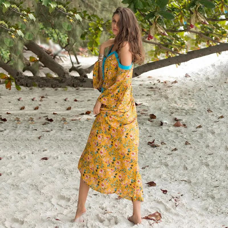 Boho Off-the-shoulder Strap Long-sleeved Printed Dress Beach Casual Holiday Long Dress