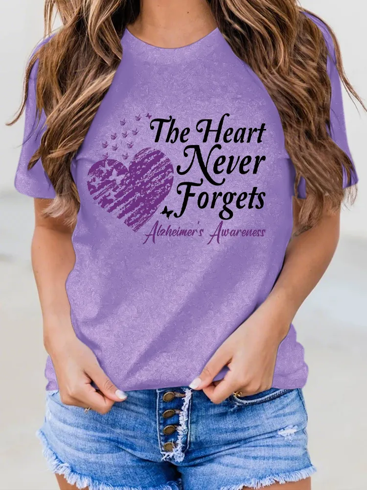 Women's The Hart Never Forgets Alzheimer's Awareness Round-Neck Short-Sleeved T-Shirt
