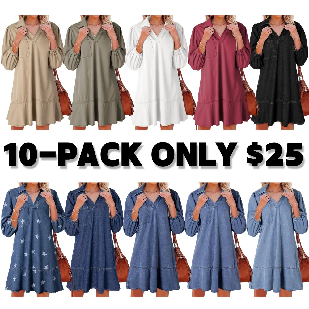Women Fashion Fall Casual Babydoll 2025 V Neck 3/4 Puff Sleeve Jean Dresses
