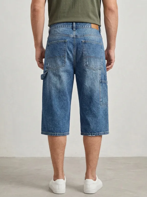 Storage-Ready Streetwear Distressed Silhouette Men's Distressed Raw Hem Denim Shorts