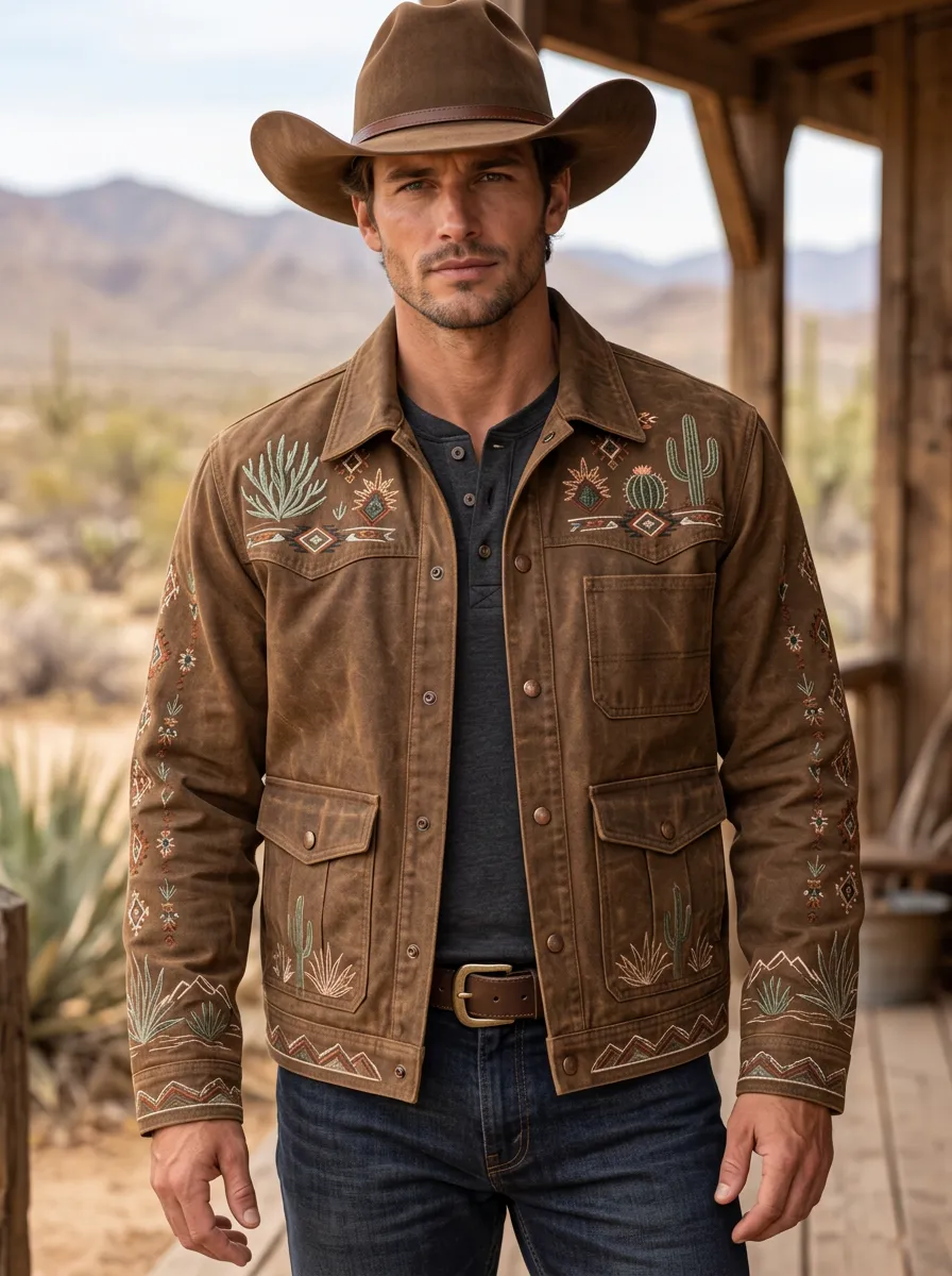 Men's Western Cowboy Cactus Desert Embroidered Jacket
