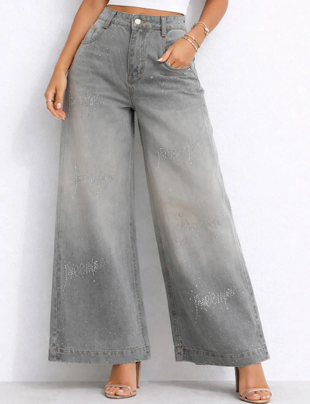 Rhinestone Baggy Jeans Wide Leg Denim Pants