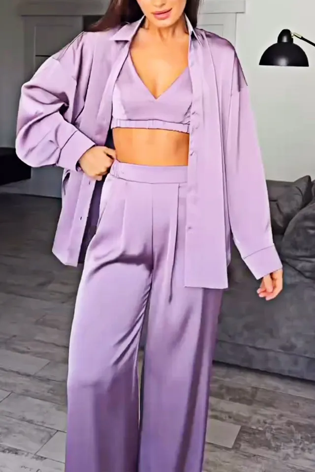 8PACK-Solid Color Silk Fabric Tank Top and Shirt and Pants Three Piece Set