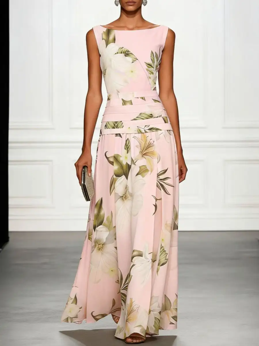 Flower Pleated Neck Maxi Dress