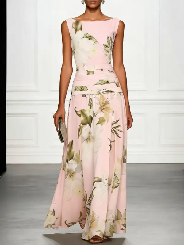 Flower Pleated Neck Maxi Dress