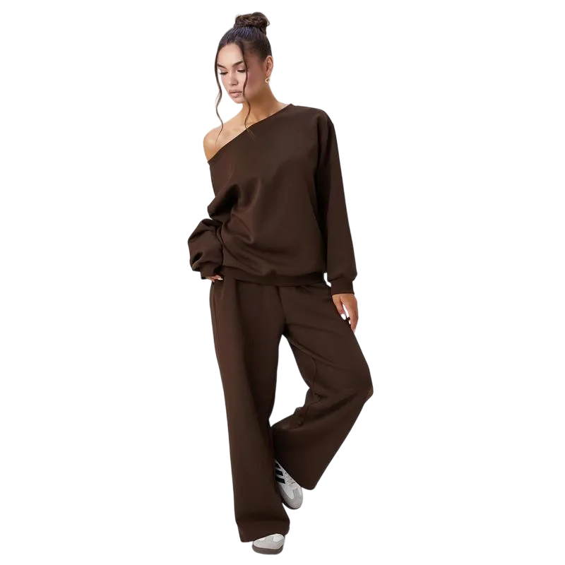 Women's Leisure Solid Color Sloping Shoulder Long Sleeve Top & Wide Leg Trousers