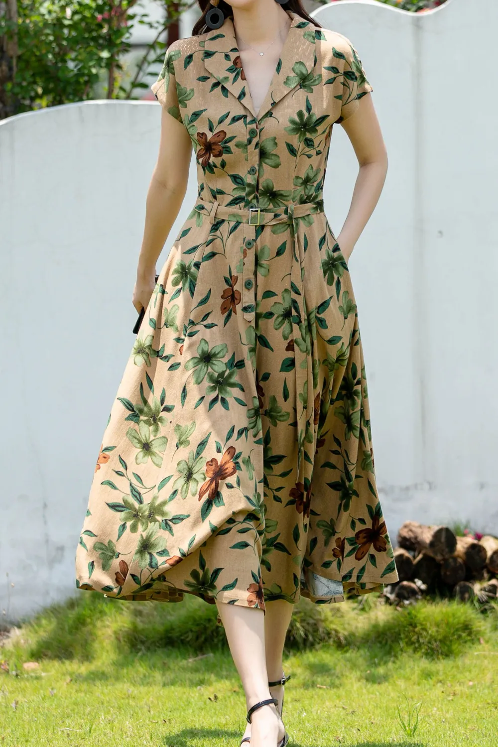 Floral Linen Cotton A Line Pleated Short Sleeve Midi Dress