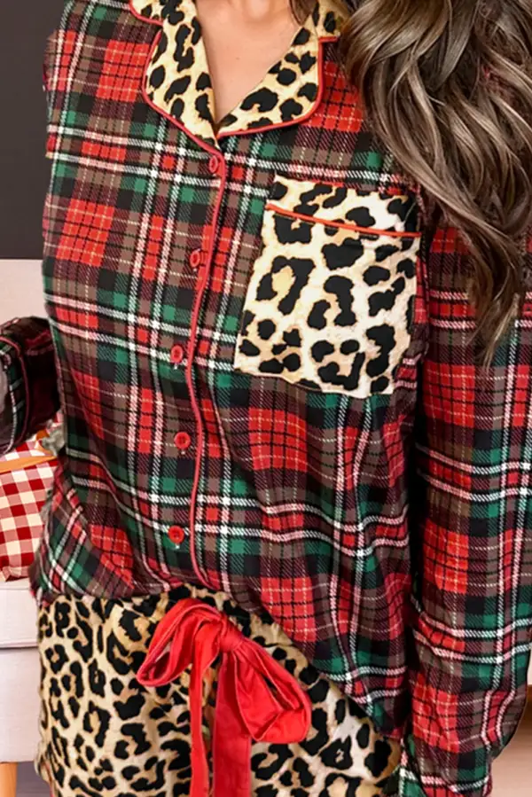 Leopard Print Plaid Print Short Pajama Set