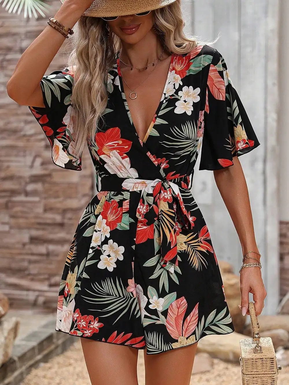 Floral Short-Sleeve V-Neck Tie-Waist Beach Romper