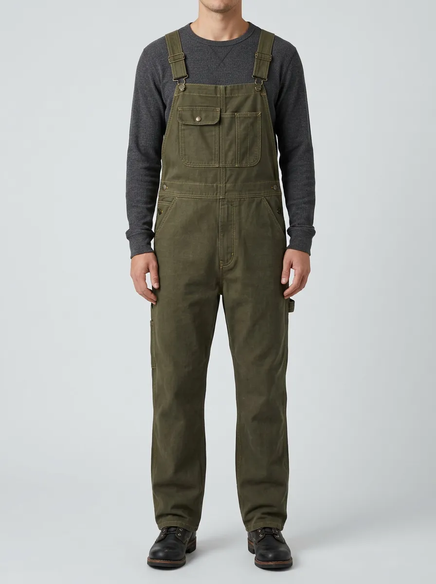 Men's Olive Green Adjustable-Strap Cotton Workwear Overalls