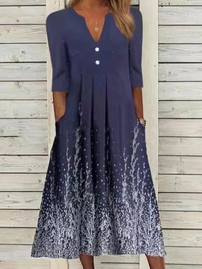 Women's Dresses Printed V-Neck Mid Sleeve Pocket Dress