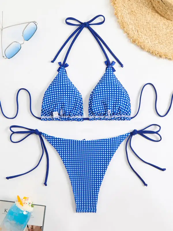 Lace Up Plaid Print Bikini Top Swim Set