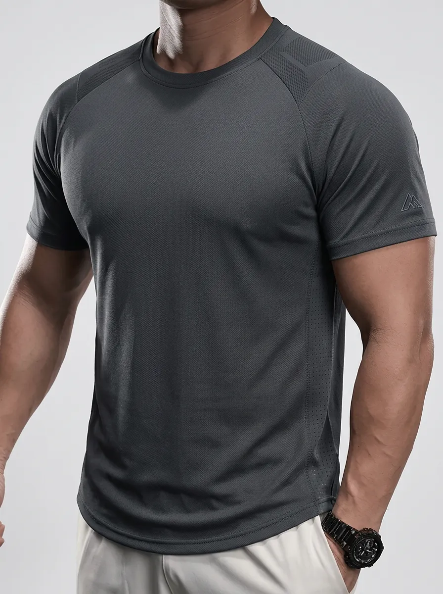 Men's Active Emblem Fitness Training Mesh Textured Raglan Performance Sport Crewneck T-Shirt