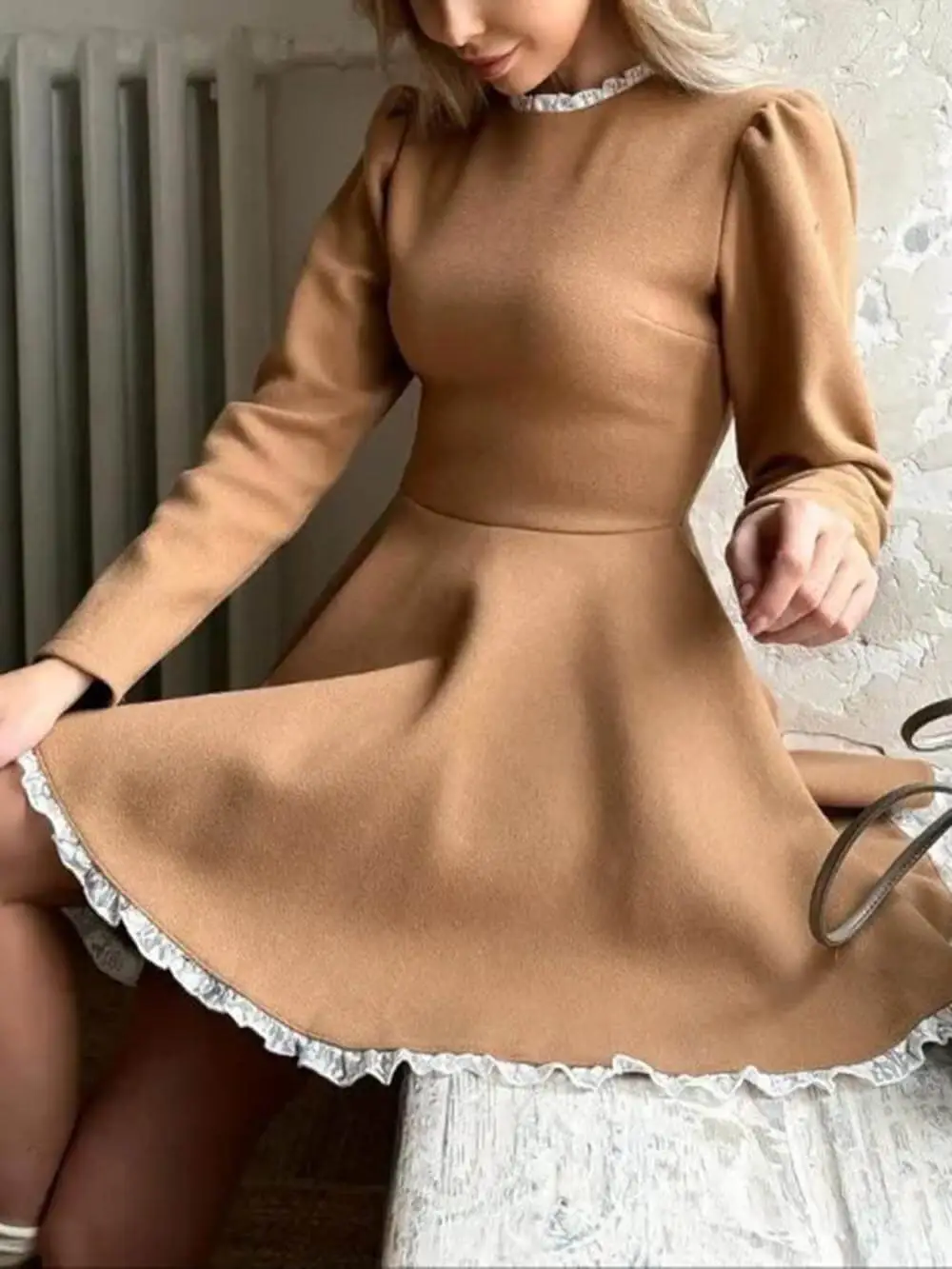Lace Panel High Waist Long Mini Dress