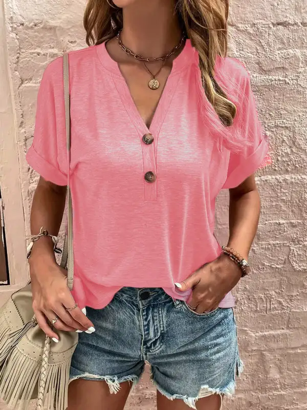 Refined V-Neck Collared Short-Sleeve Button-Detail T-Shirt