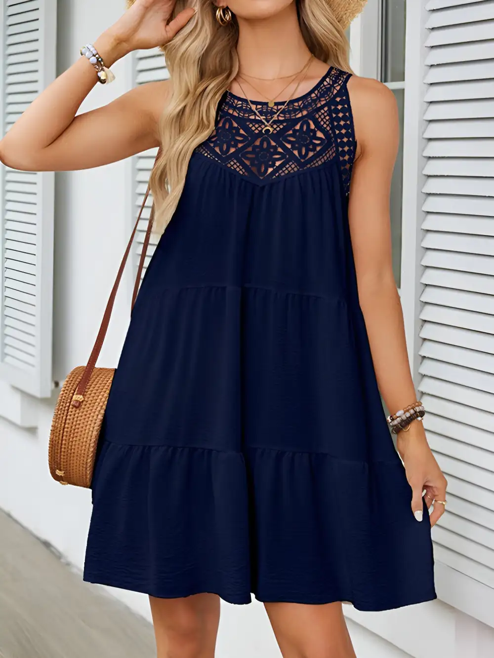 Boho Lace Sleeveless Tiered Above-Knee Length Dress