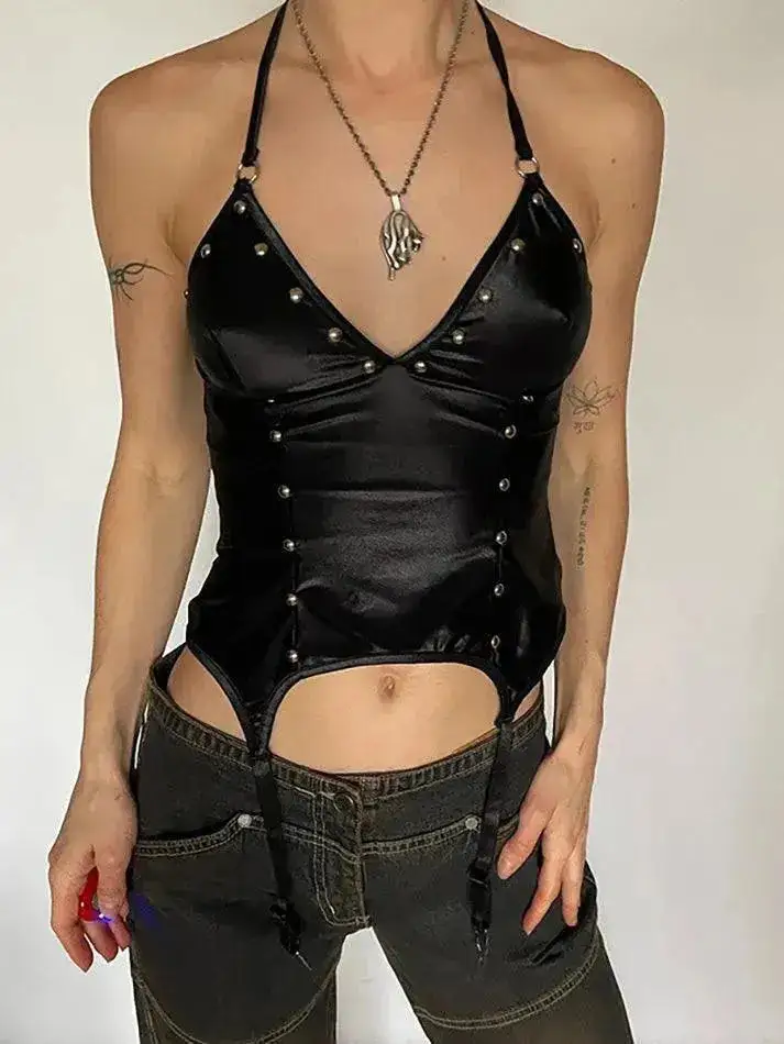 Halter V-Neck Faux-Leather Slim-Fit Tank Top
