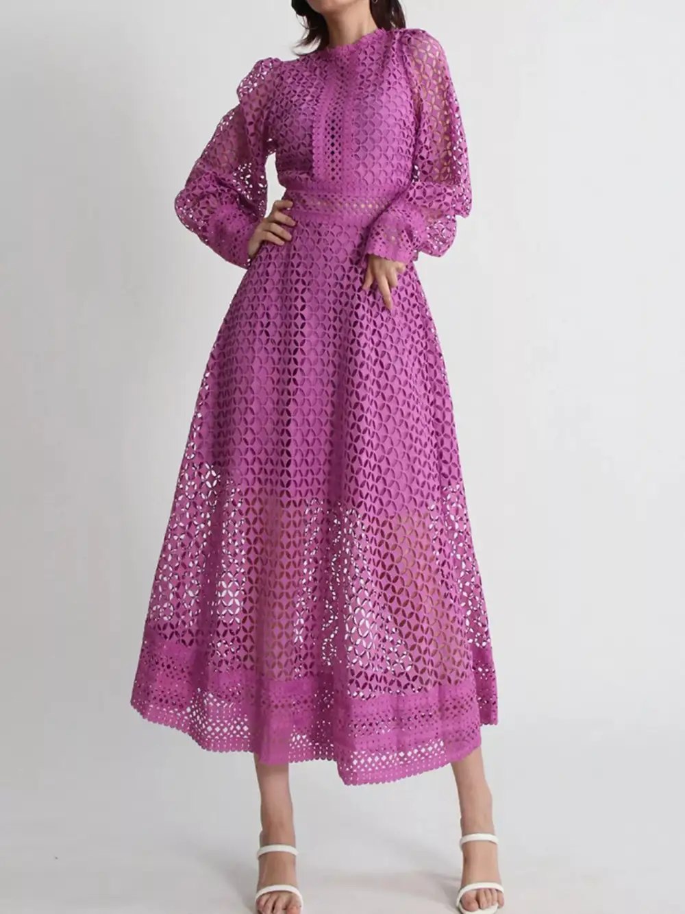 Balanced Detail Lace Long Sleeve Midi Dress