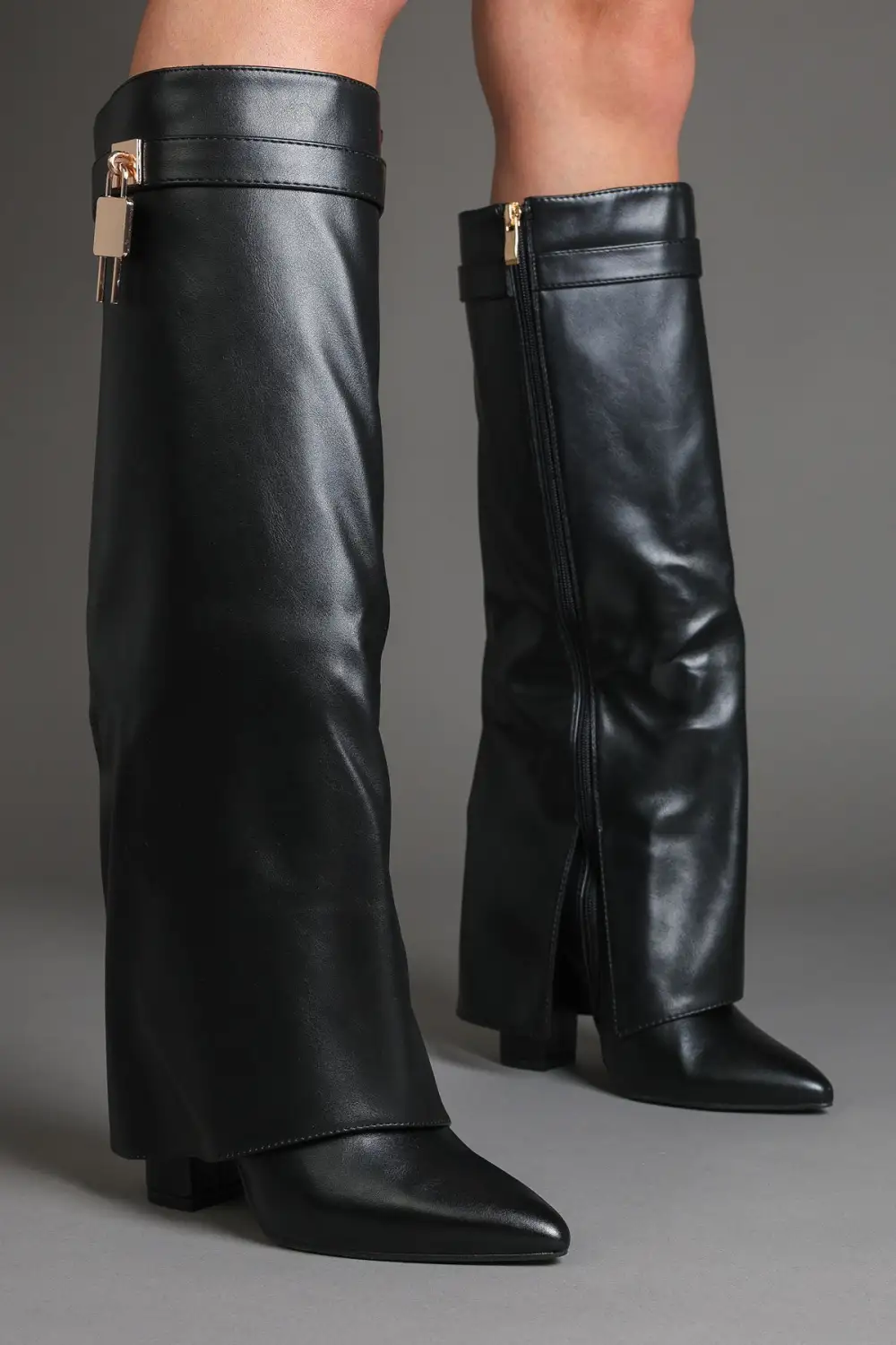 Slouch Fold-Over Padlock Detail Buckle Detail Knee High Boots