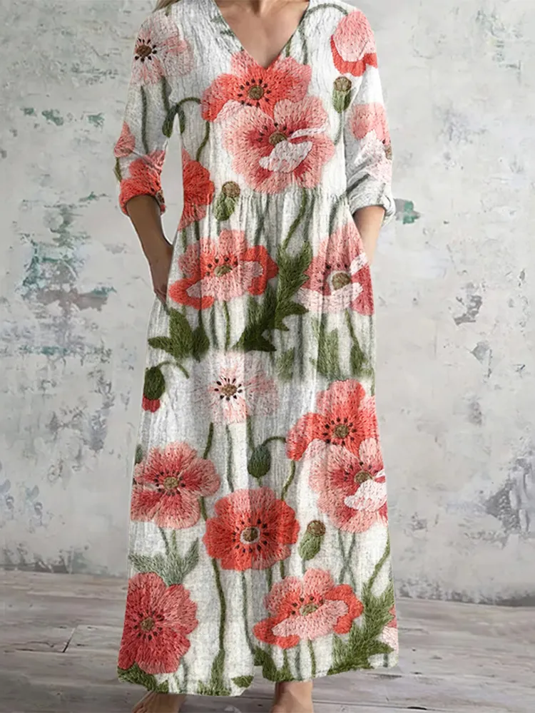Red Flower Print  Long Sleeves Dress