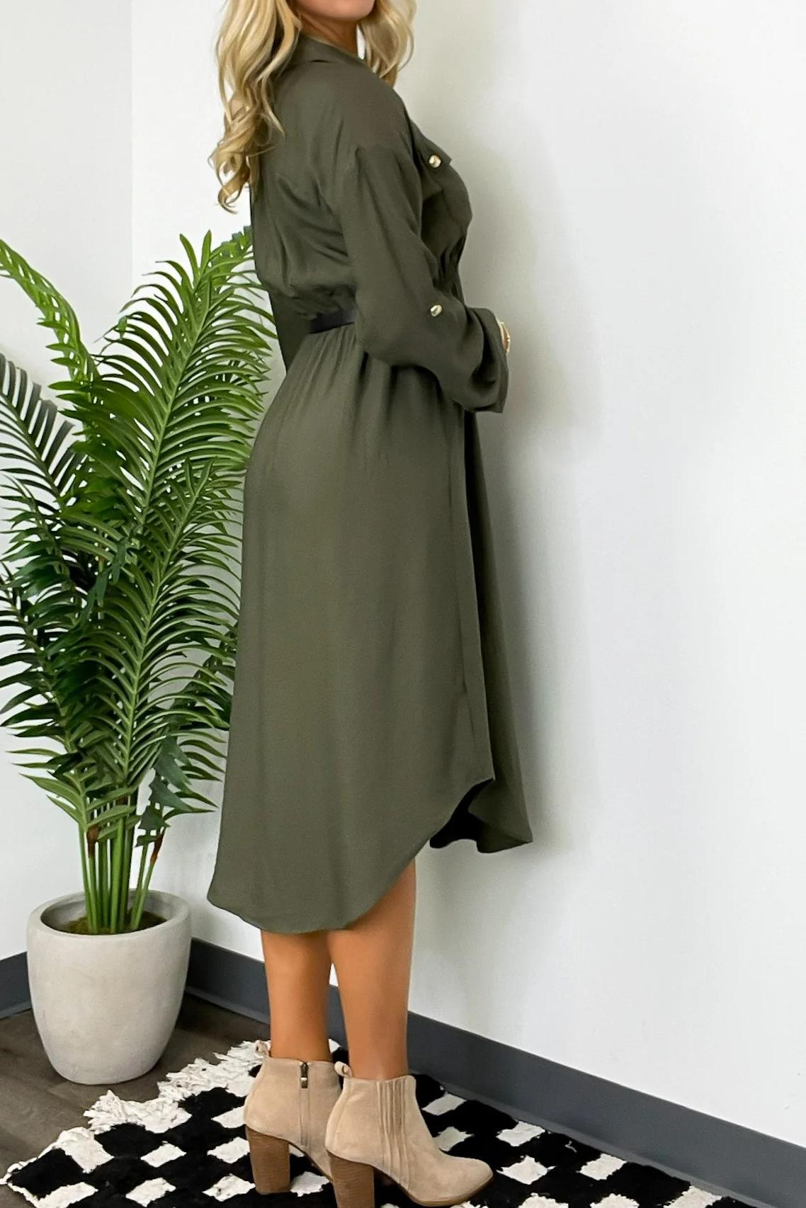 Button Down Belted Midi Dress