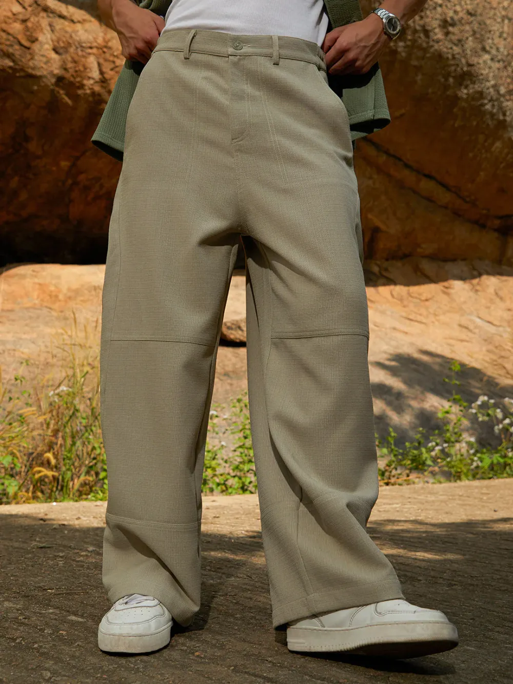 Beige Panelled Baggy Cargo Trousers