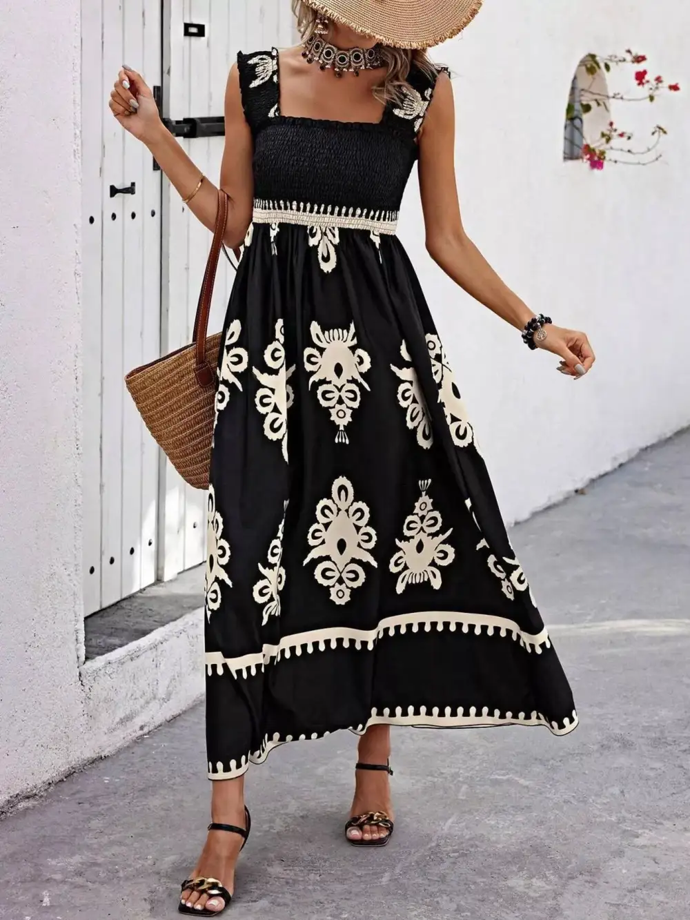 Printed Square Neck Smocked Maxi Dress