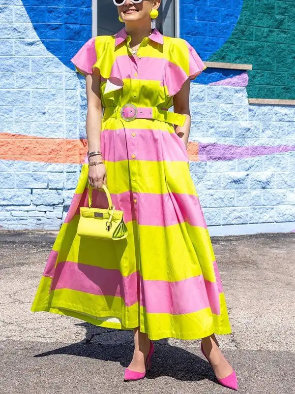 High Pleated Buttoned Belted Shirt Maxi Dress