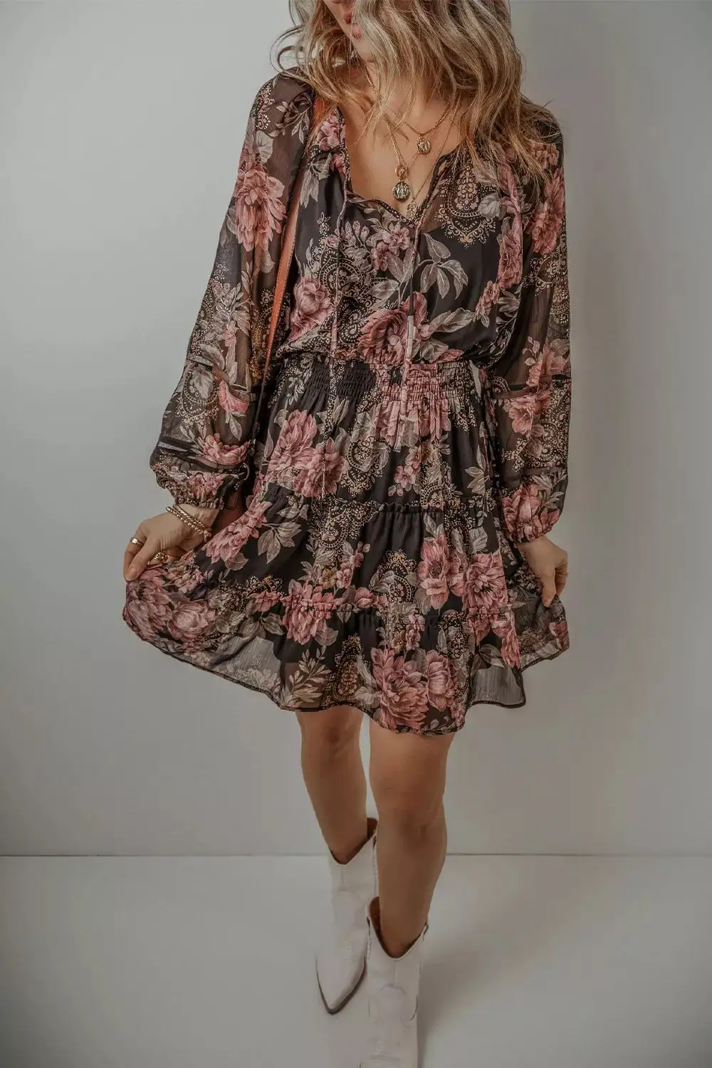 Textured Detail Floral Printed Mini Dress