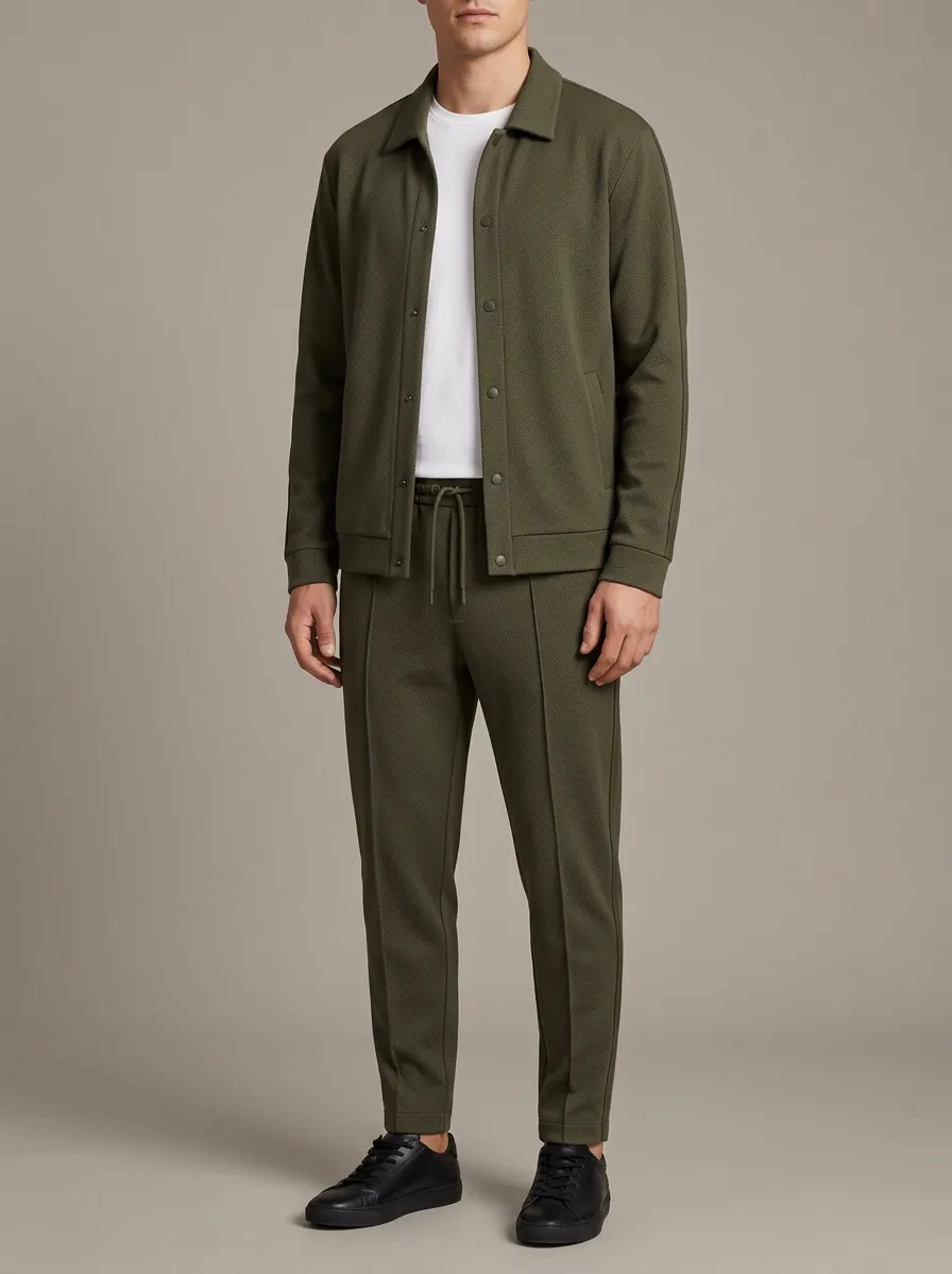 Men's Textured Polo Collar Jacket and Jogger Pants Set