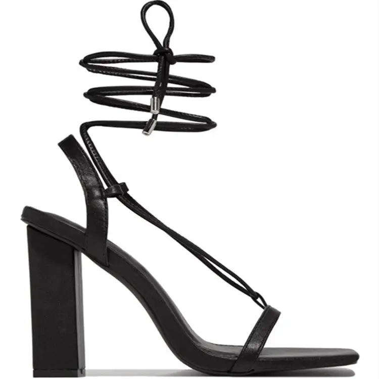 Square Toe Lace Up Crystal Detail Strappy High Heels
