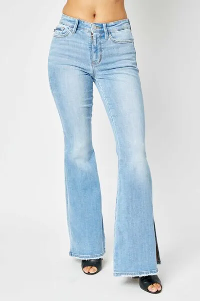 Mid Rise Flare Leg Raw Denim Jeans