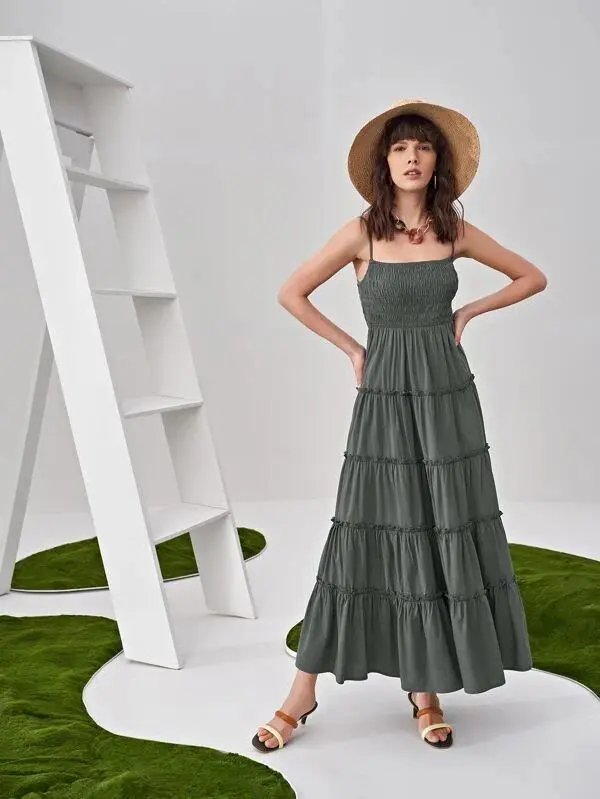 Women Shirred Detail Frill Layered Hem Cami Dress
