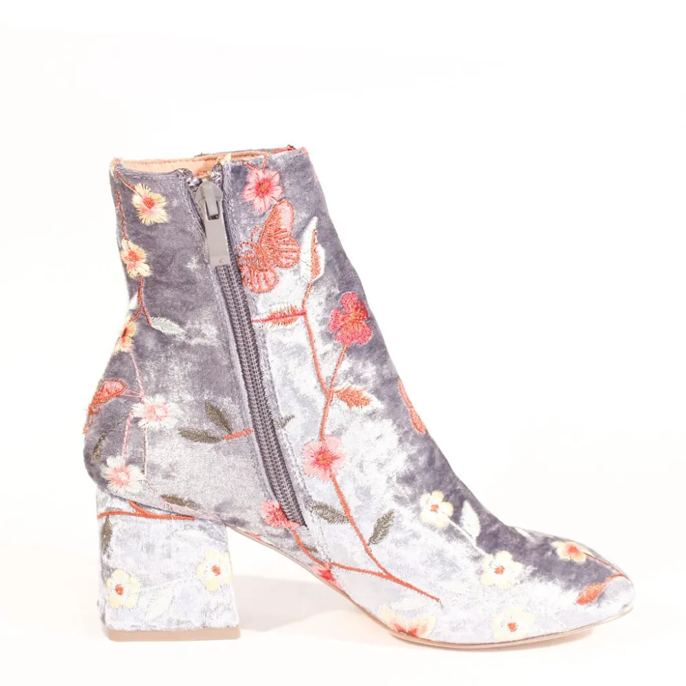 Velvet Embroidered Heel Ankle Boots