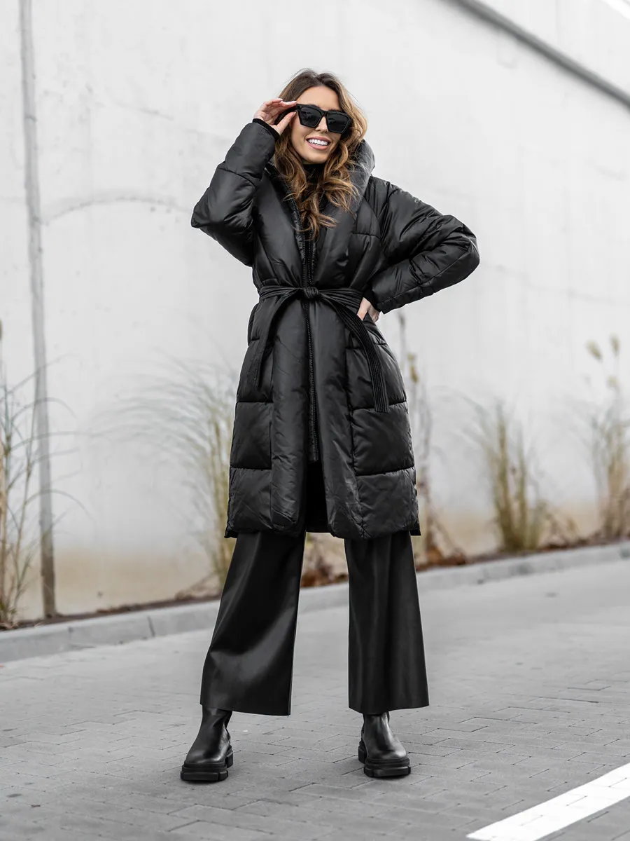 Black Women's Long Quilted Winter Jacket With Hood