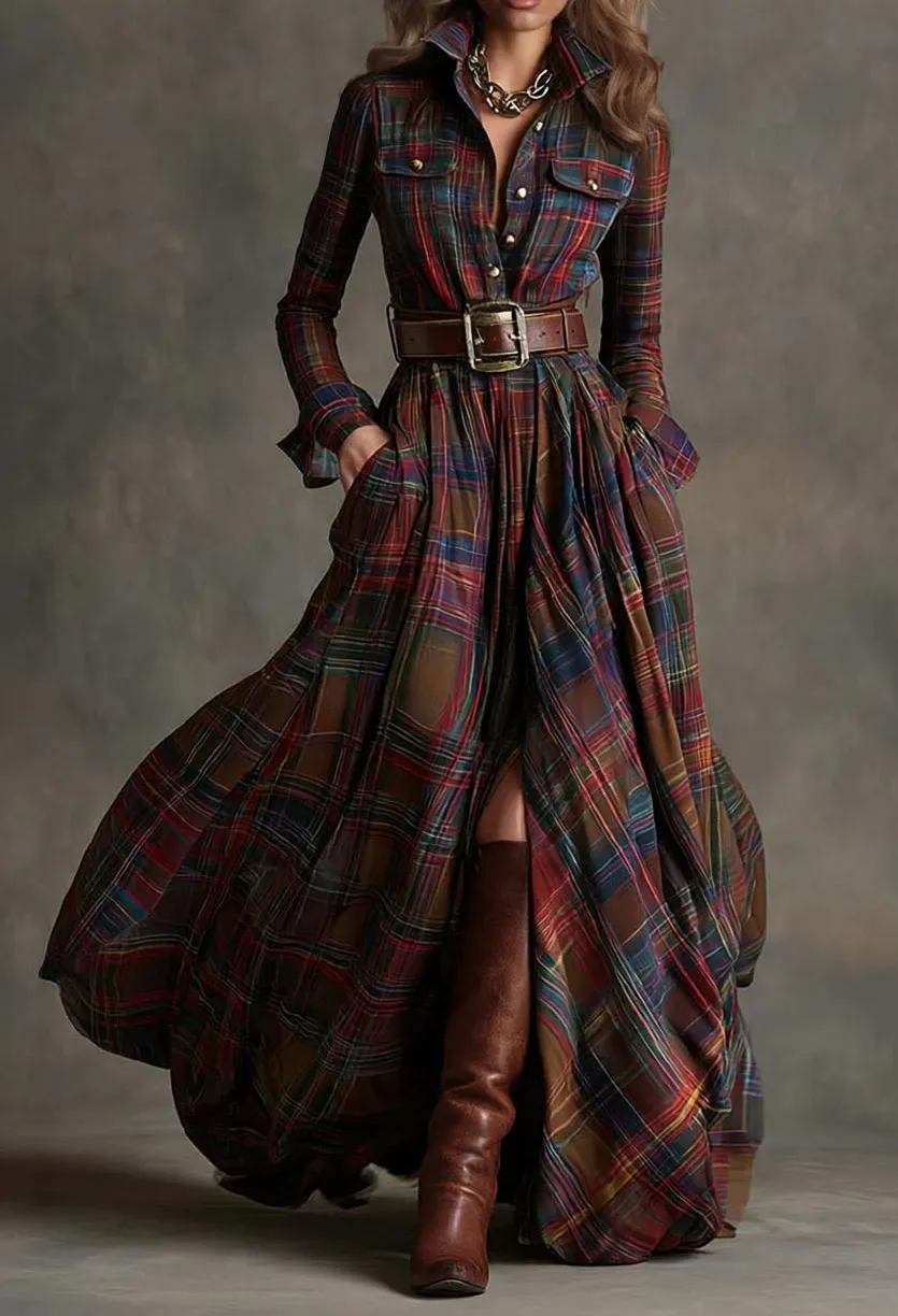 Retro Lapel Plaid Single Maxi Dress