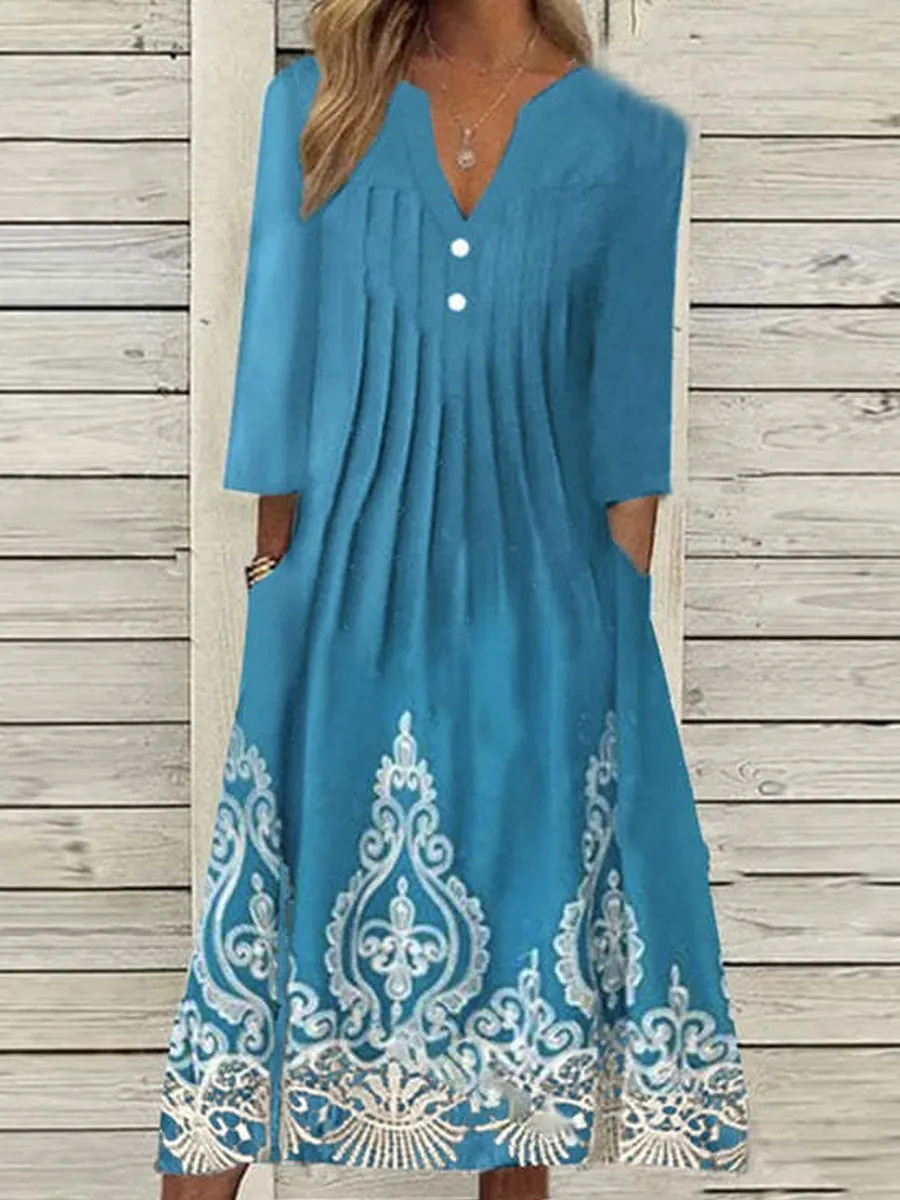 V-neck Casual Loose Vintage Print Short Long Sleeve Midi Dress
