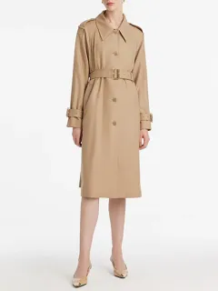 Worsted Wool Lapel Trench Coat With Belt
