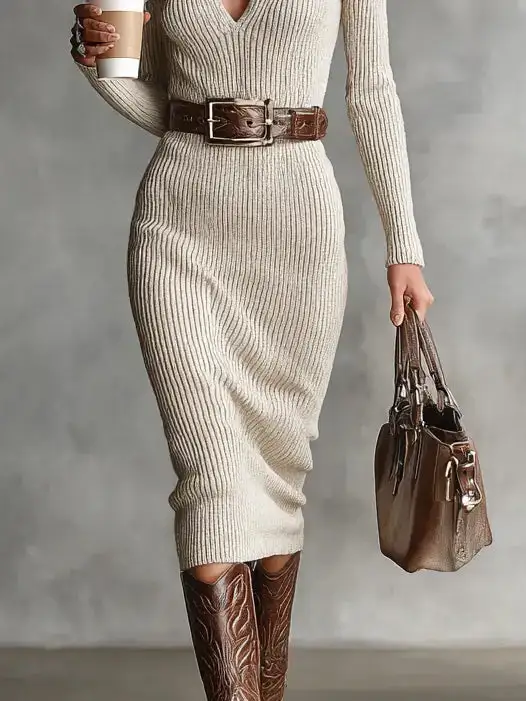 Knit V Neck Midi Dress