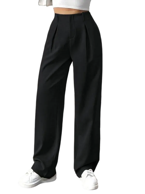 Women's Solid Color Plicated Pocket Wide Leg Pants, Elegant Zipper Fly Trousers for Work Office Business, Ladies Spring & Fall Clothes