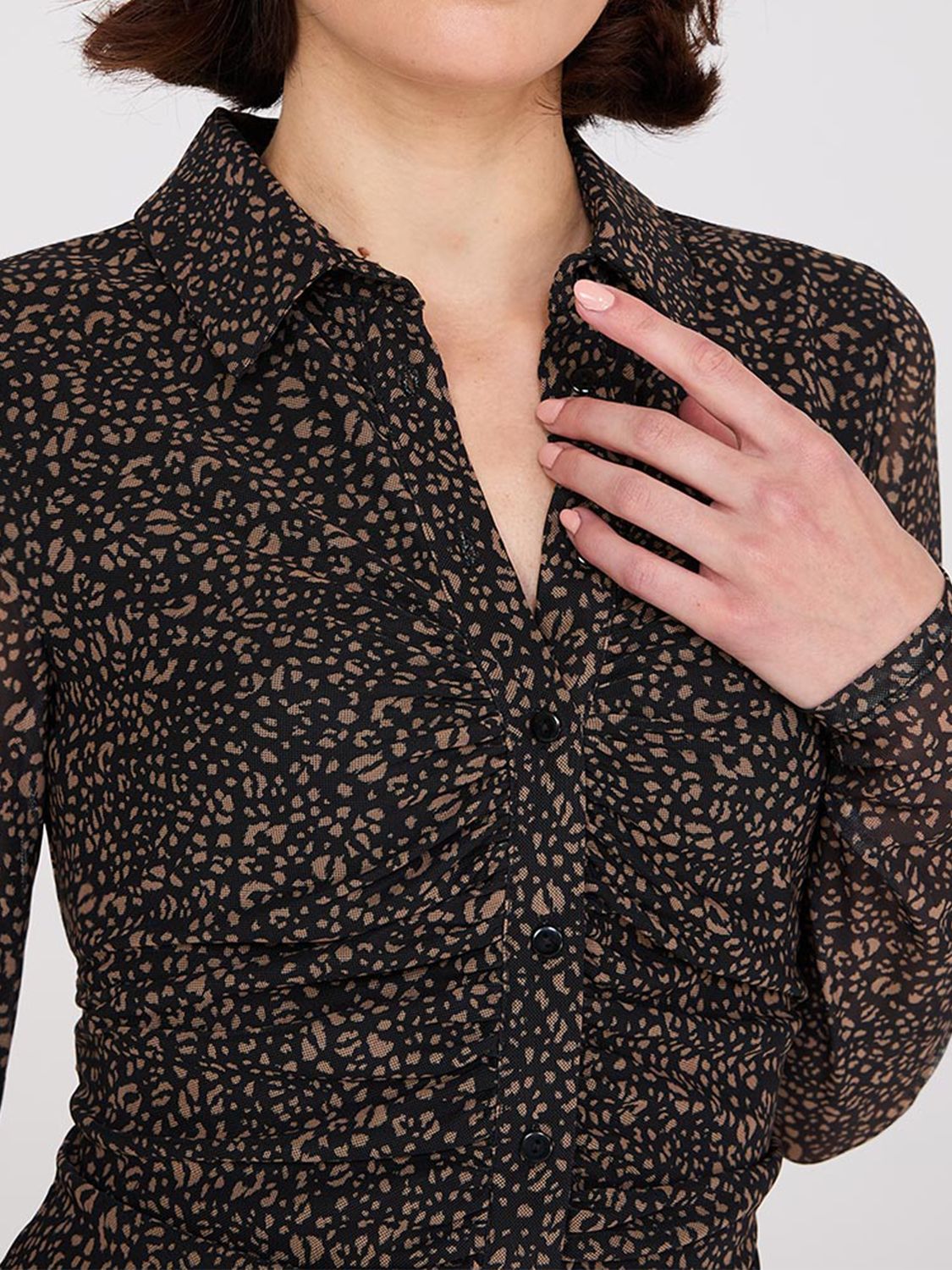 Animal Print Button-Front Gathered Mesh Dress