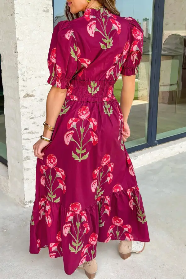 Lightweight Feel Floral Printed V Neck Maxi Dress
