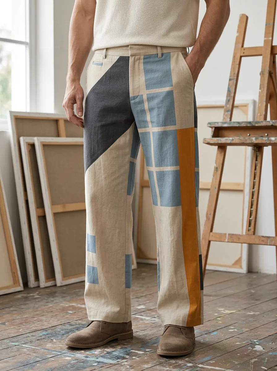 Men's Abstract Geometric Colorblock Printed Trousers