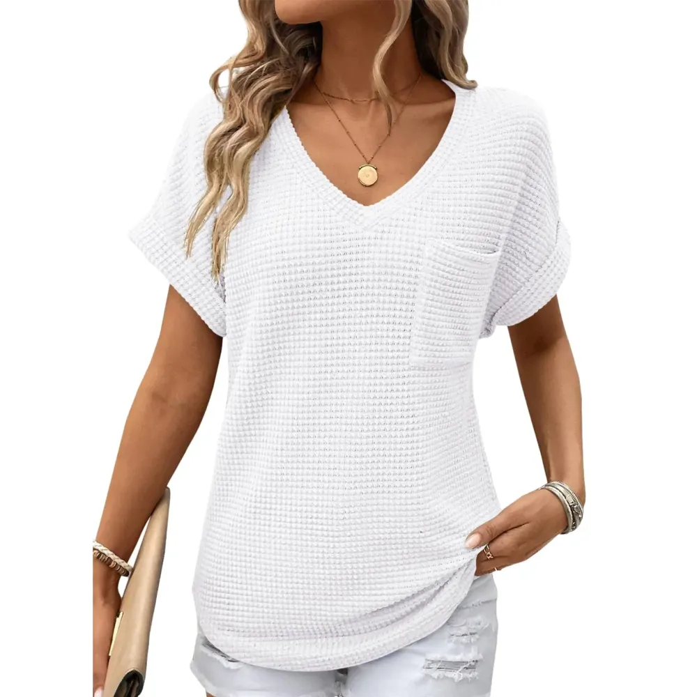 Women's Waffle Knit V-Neck Casual Summer Top