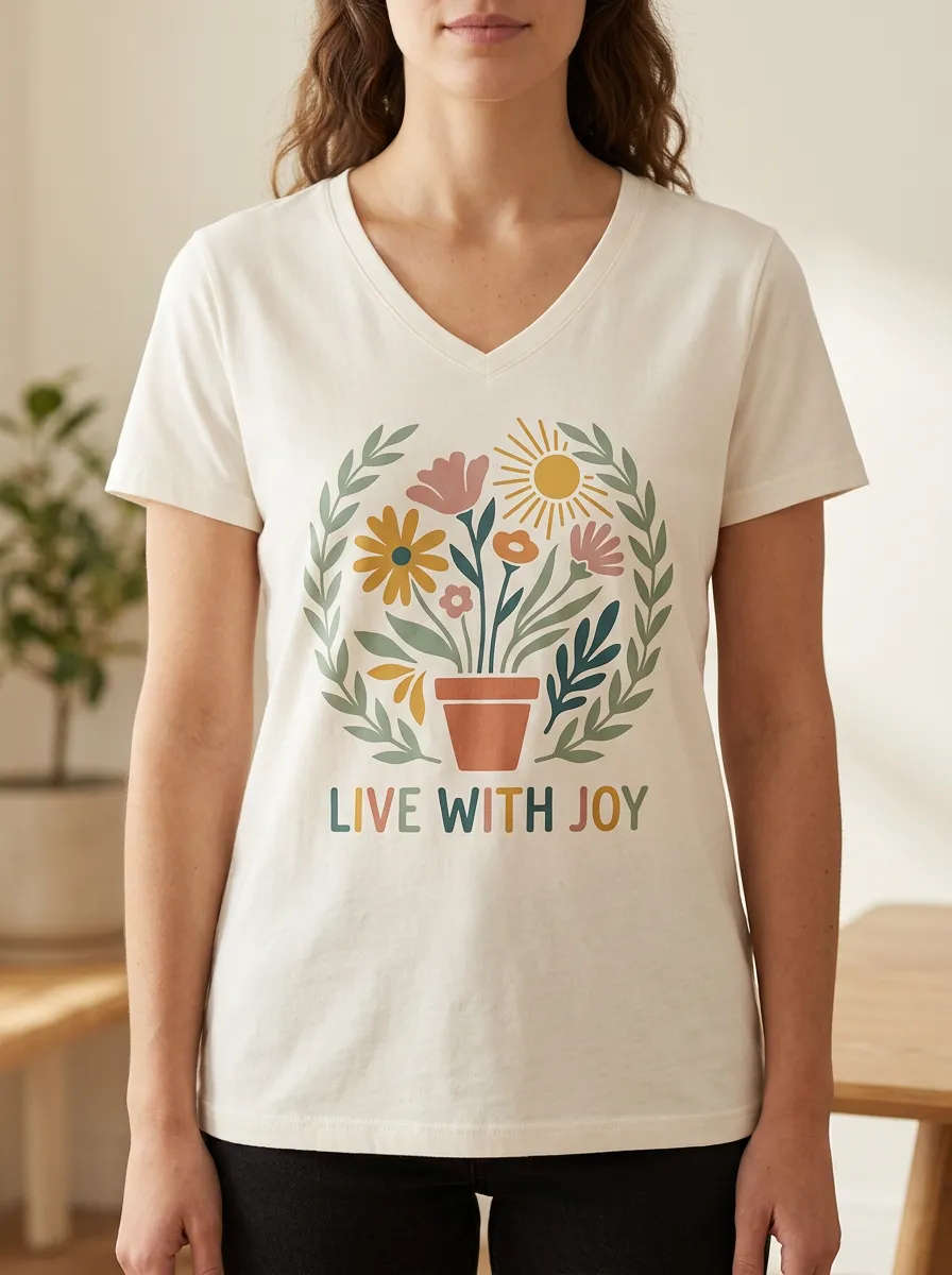 Women's Floral Potted Plant Live With Joy Print V-Neck T-Shirt