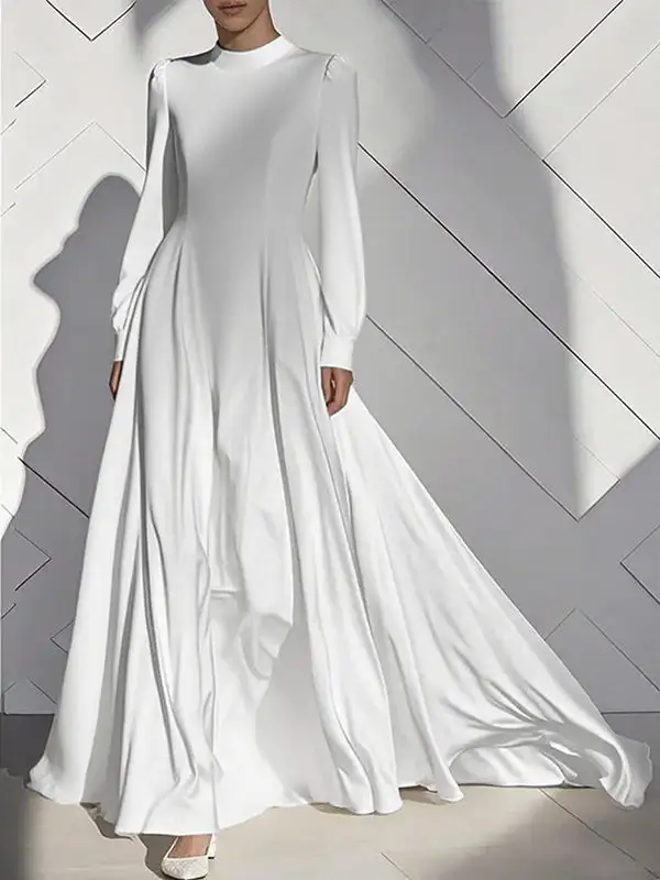 Zipper Pleated Neck Maxi Dress