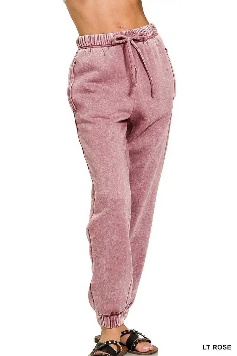 Drawstring Pocketed Fleece Acid-Wash Sweatpants