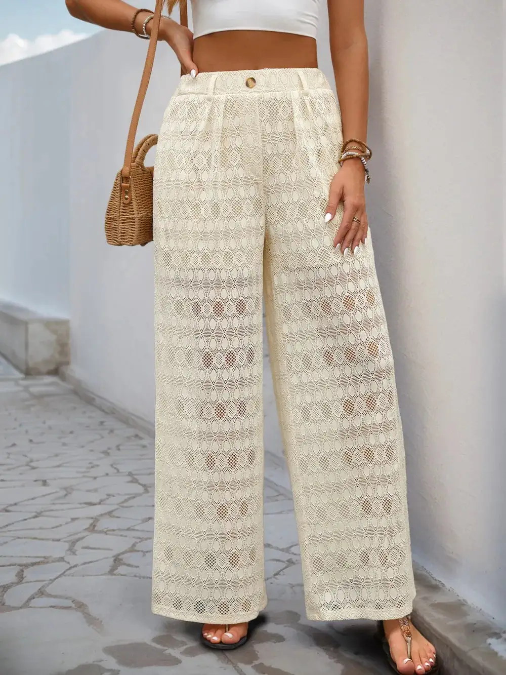 Button Front Wide Leg Pants