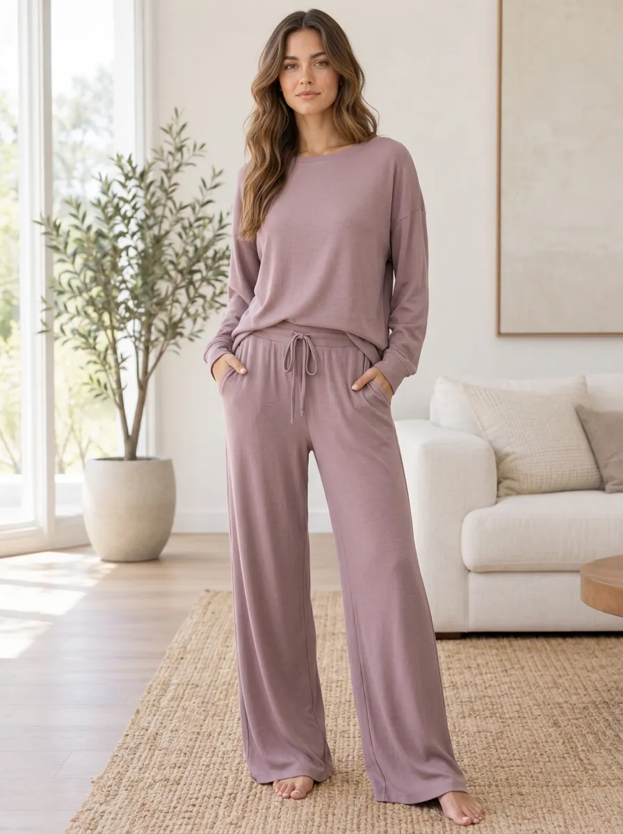 Everyday Comfort Women's Ribbed Wide Leg Relaxed Set